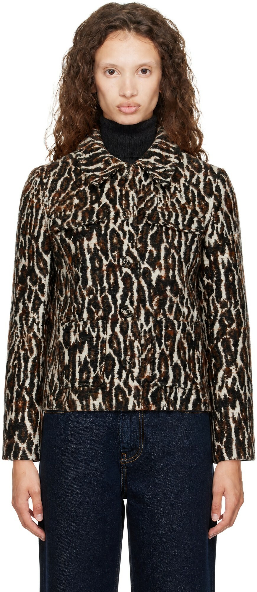 GANNI Brown Brushed Leopard Jacquard Blazer