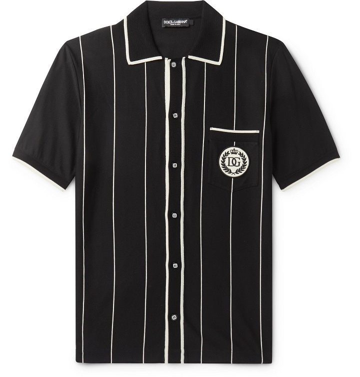 Photo: Dolce & Gabbana - Logo-Appliquéd Pinstriped Cotton-Blend Polo Shirt - Black