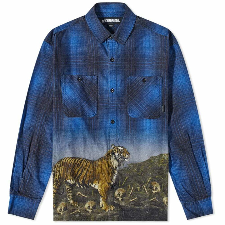 Photo: Neighborhood Men's Tiger Print Plaid Shirt in Blue