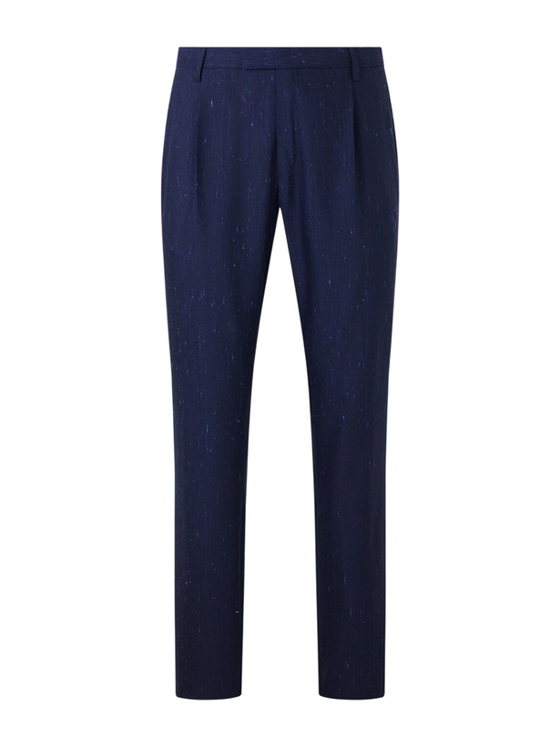 Photo: Mr P. - Slim-Fit Pleated Wool and Silk-Blend Dupioni Suit Trousers - Blue