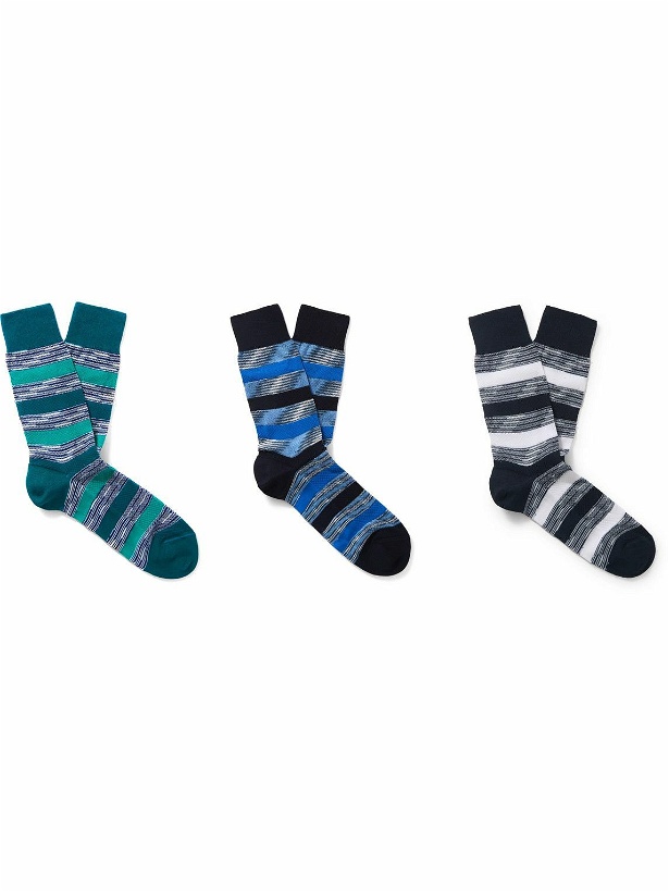 Photo: Missoni - Three-Pack Striped Crochet-Knit Cotton-Blend Socks - Blue