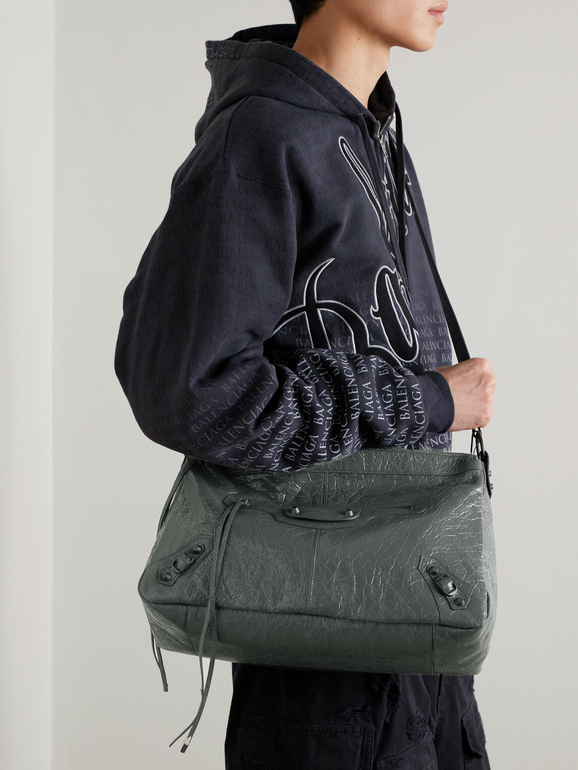 Balenciaga - Le City Moto Medium Embellished Crinkled-Leather Messenger Bag