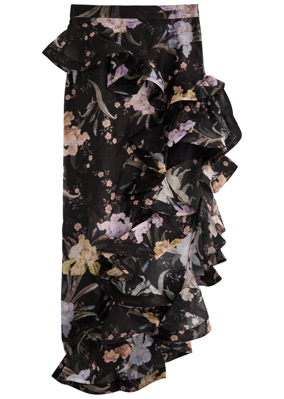 Zimmermann Eden Floral-print Ruffled Linen-blend Midi Skirt