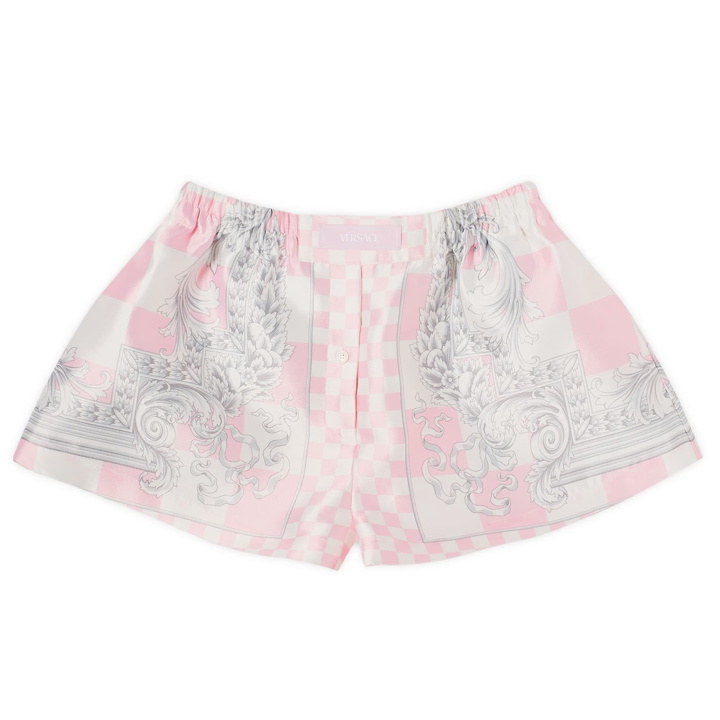 Photo: Versace Women's Baroque Printed High Waisted Shorts in Pastel Pink/White/Silver
