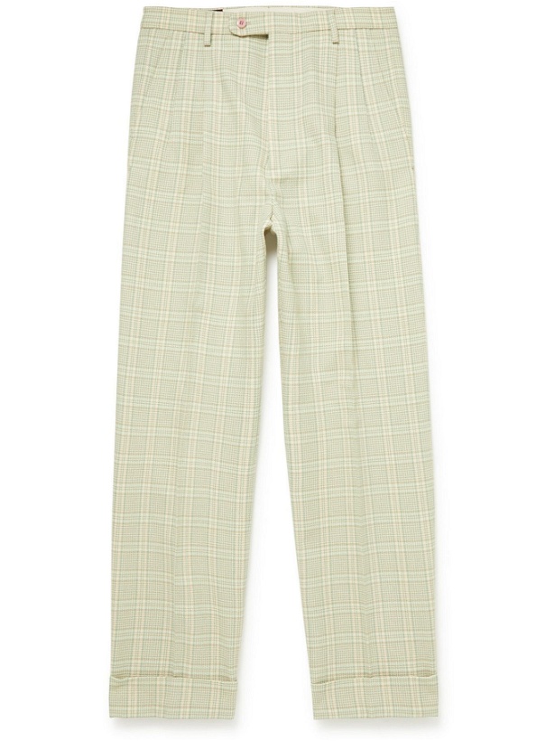 Photo: GUCCI - Wide-Leg Pleated Checked Wool-Blend Trousers - Green