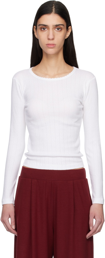 Photo: LESET White Pointelle Slim Fit Long Sleeve T-shirt