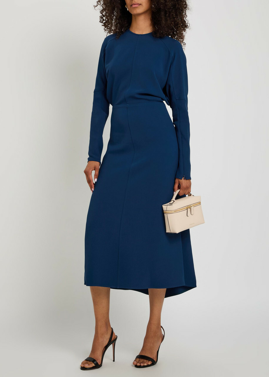 Victoria Beckham Pleated Woven Midi Dress Dark Blue