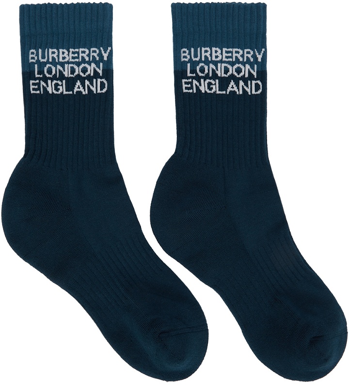 Photo: Burberry Navy Two-Tone Logo Intarsia Socks