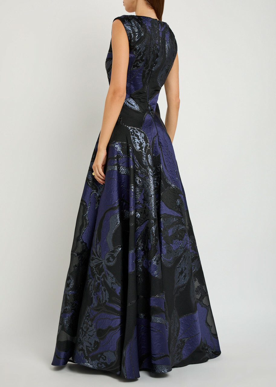 Talbot Runhof Floral-jacquard Woven Gown Navy