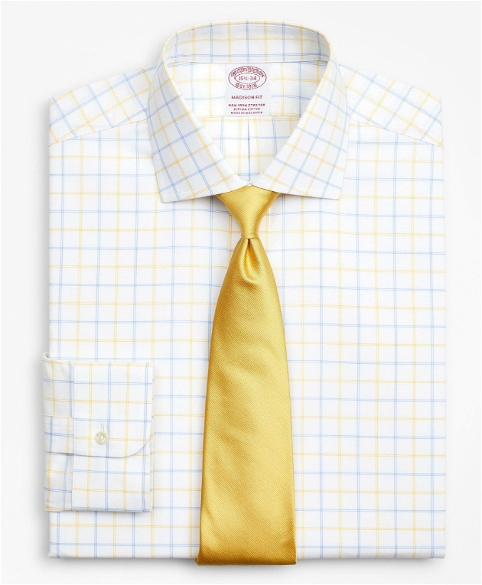 Photo: Brooks Brothers Men's Stretch Madison Relaxed-Fit Dress Shirt, Non-Iron Poplin English Collar Double-Grid Check | Yellow