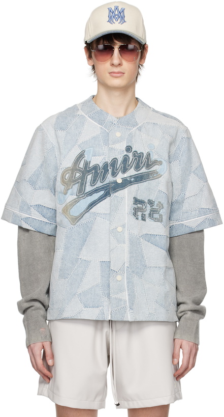 Photo: AMIRI Blue Patchwork Baseball Shirt