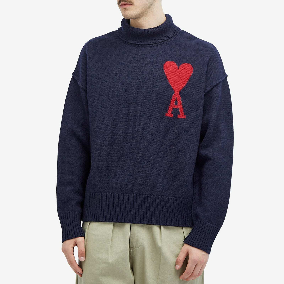 AMI Paris Men's A Heart Crew Neck Jumper in Navy/Red AMI