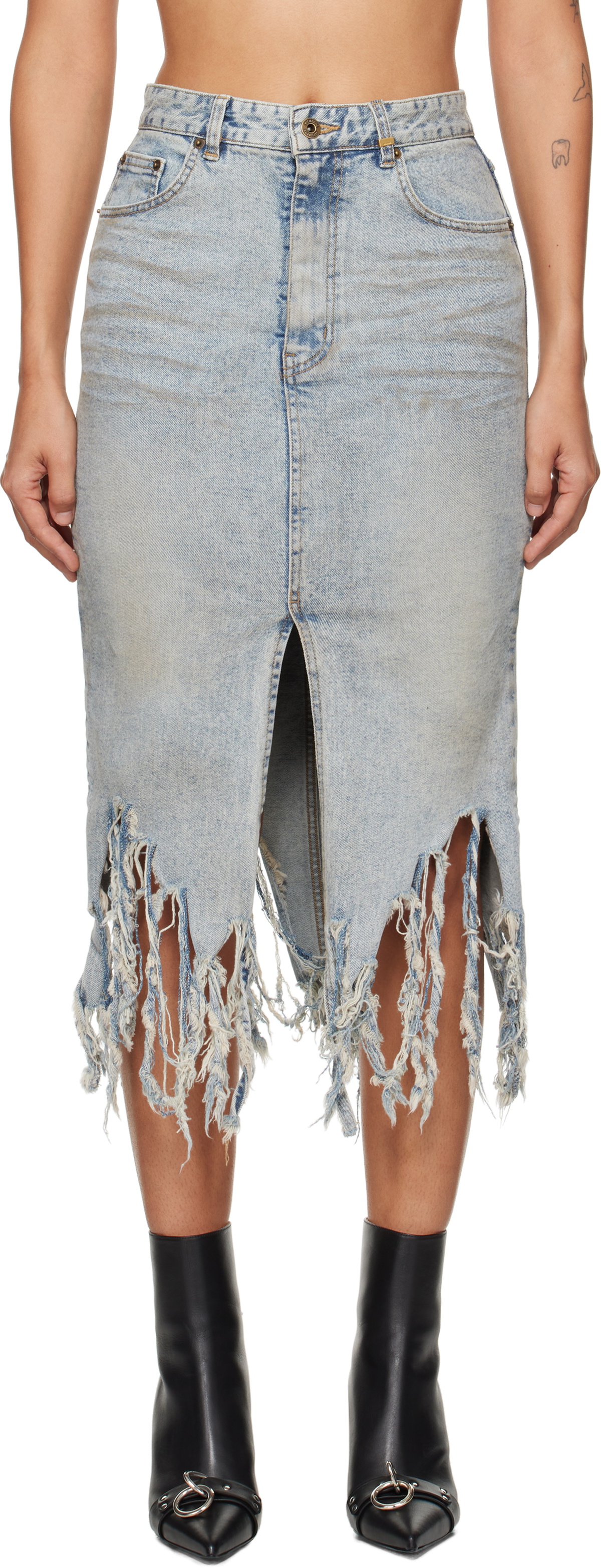 We11done Blue Distressed Denim Midi Skirt