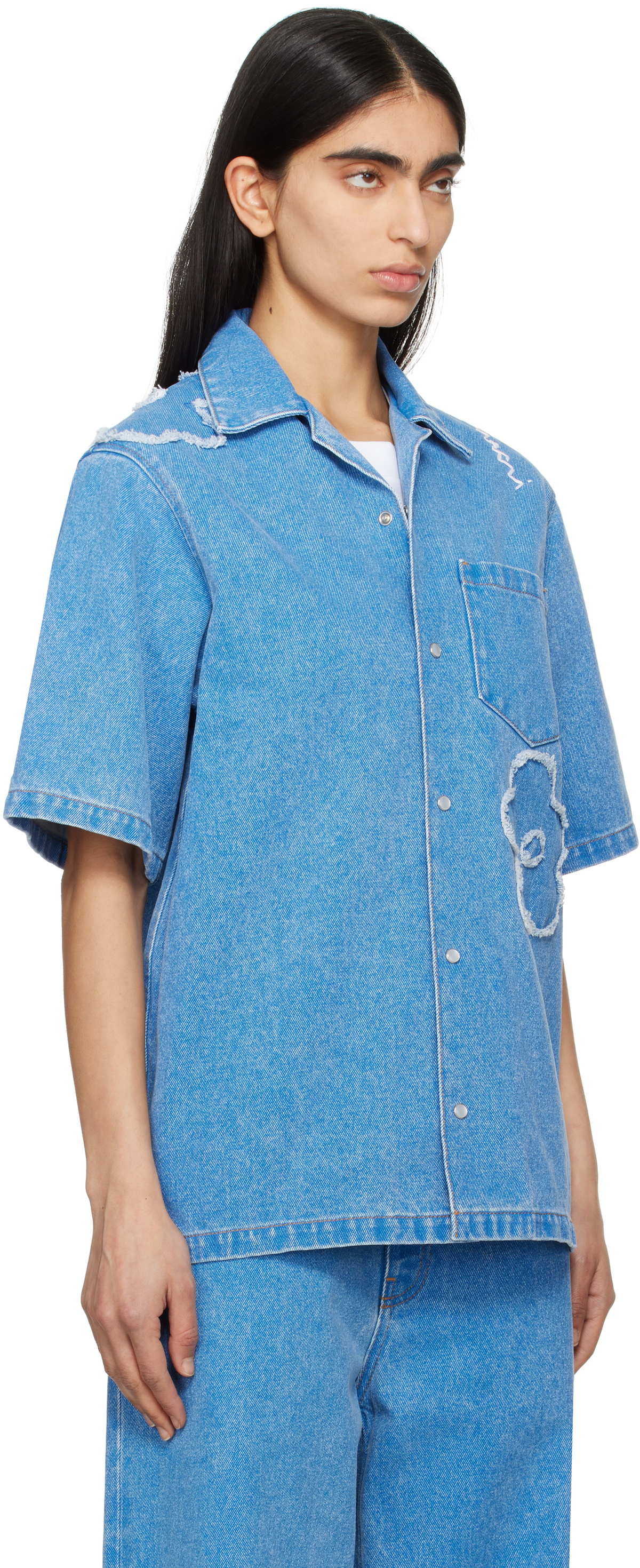 Marni Blue Patched Washed Cotton Denim Shirt