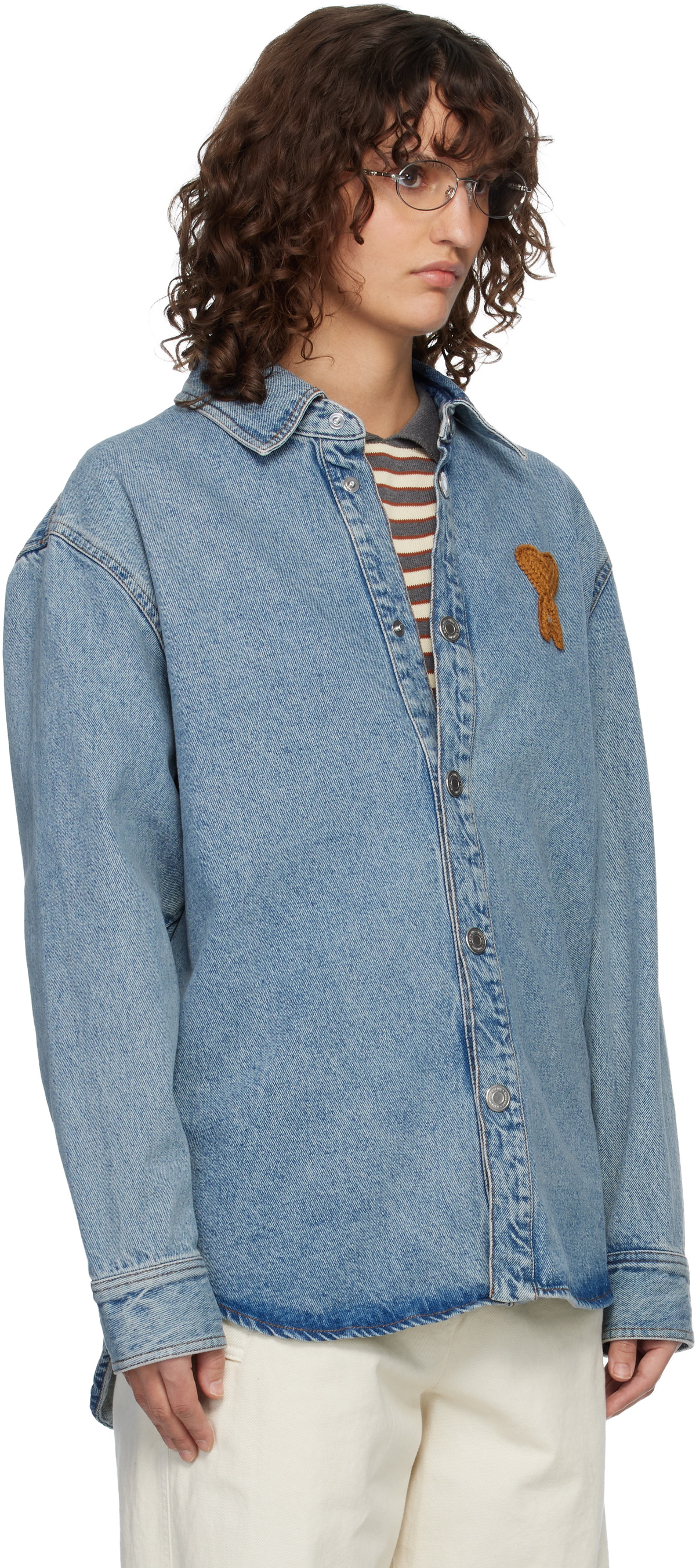 AMI Paris Blue Cotton Knitted Ami de Coeur Denim Overshirt