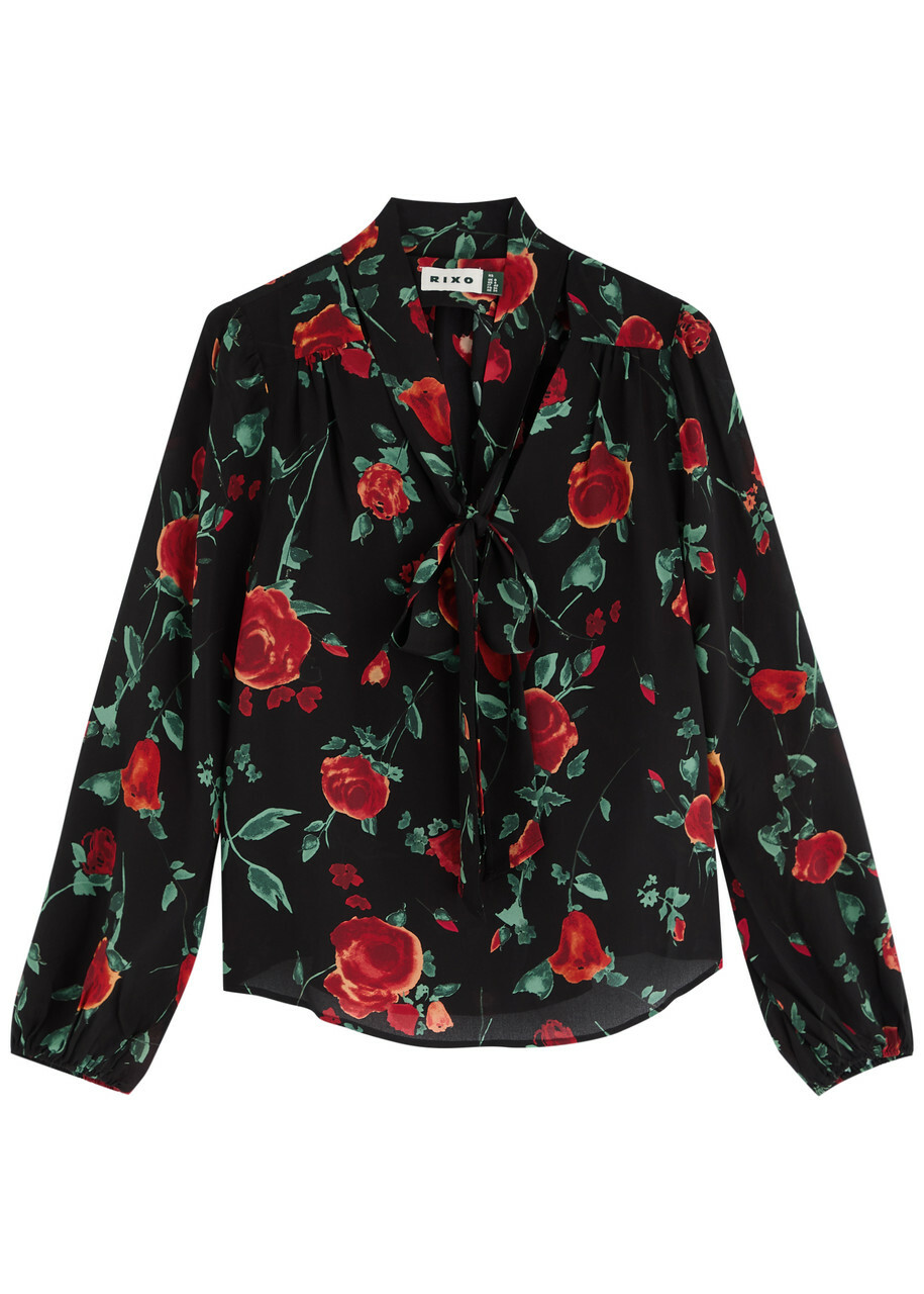 Rixo Moss Floral-print Silk-chiffon Blouse Black