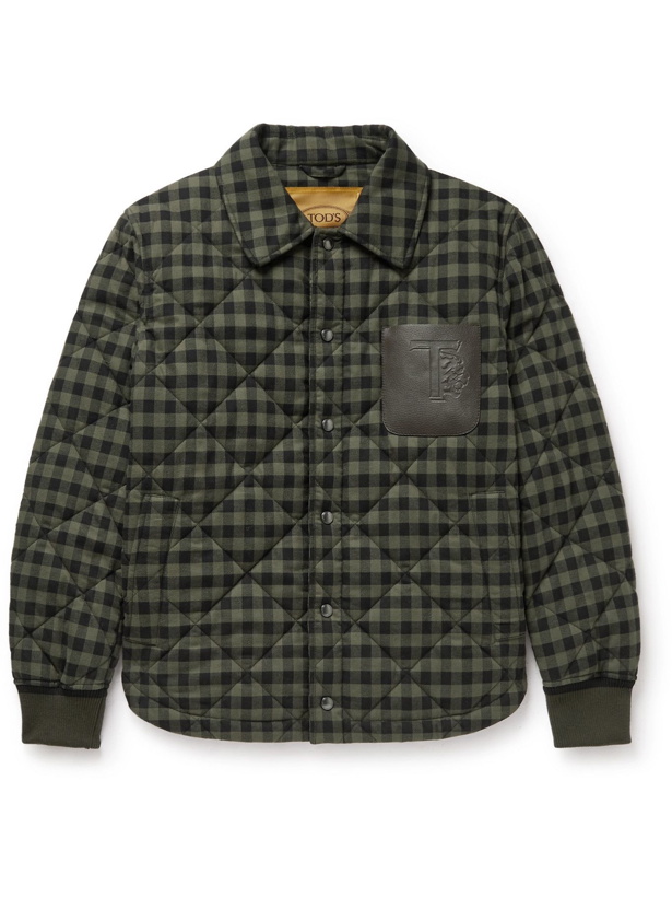 Photo: Tod's - Logo-Debossed Leather-Trimmed Quilted Checked Cotton-Flannel Jacket - Green