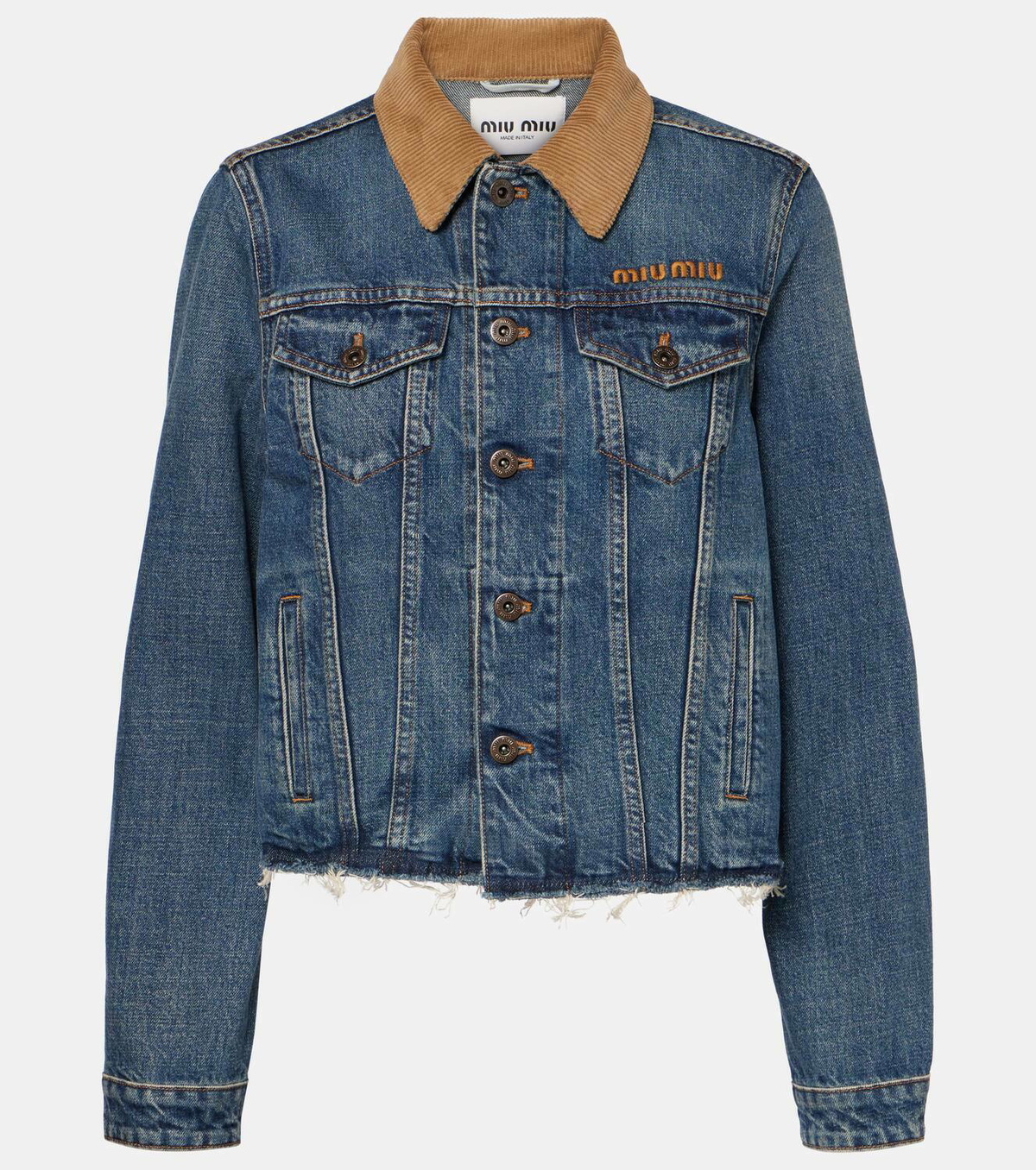 Miu Miu Logo distressed corduroy-trimmed denim jacket Miu Miu