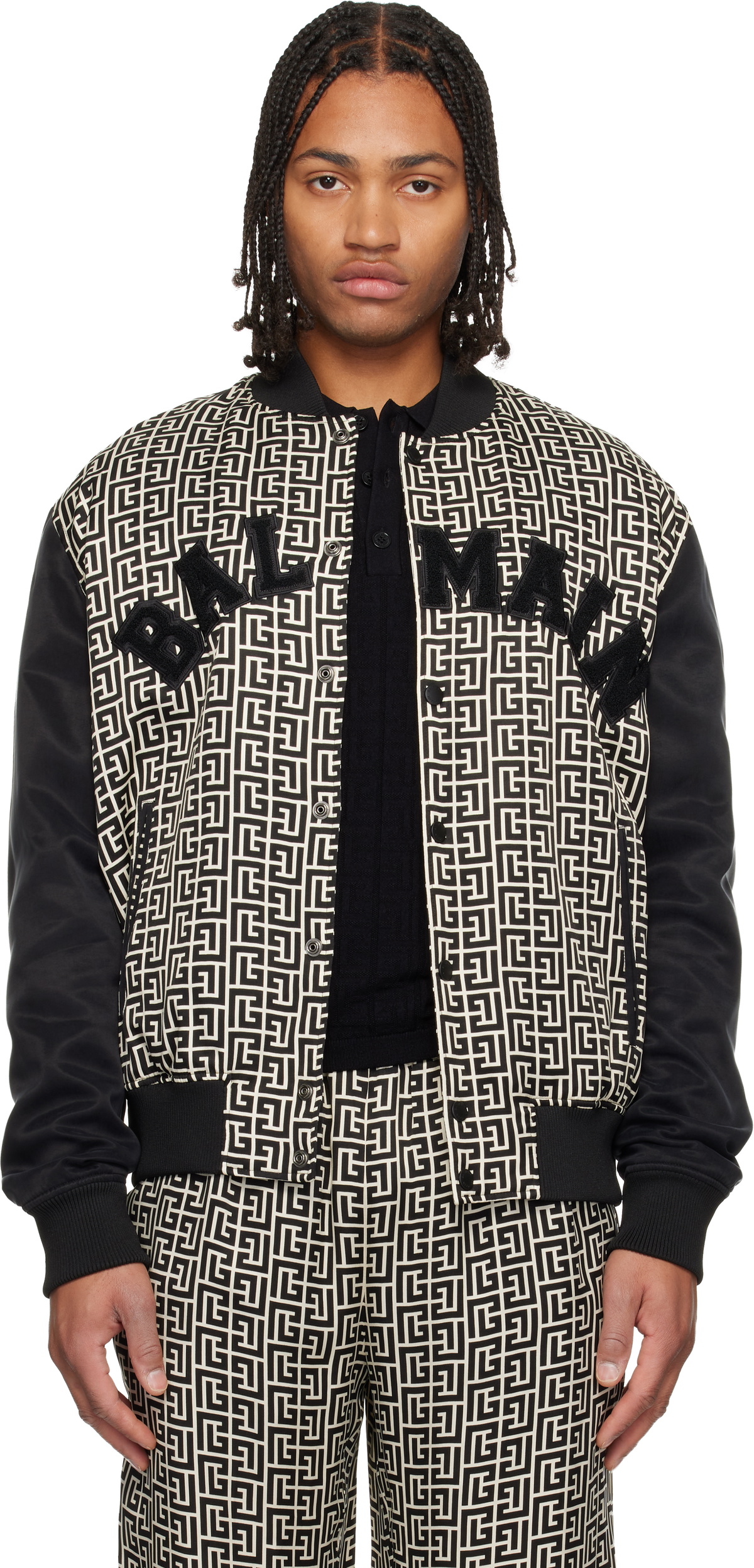 Balmain Black & Off-White Monogrammed Varsity Jacket