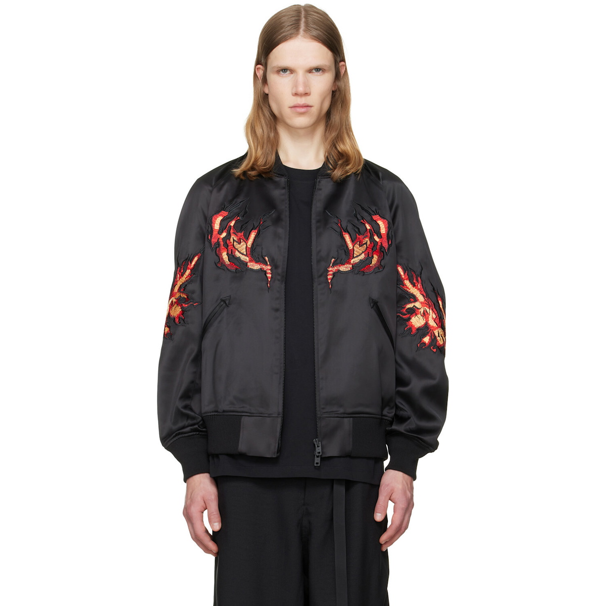 Y-3 Black Embroidered Graphic Satin Souvenir Jacket