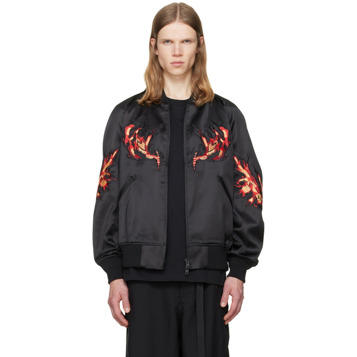 Photo: Y-3 Black Embroidered Graphic Satin Souvenir Jacket