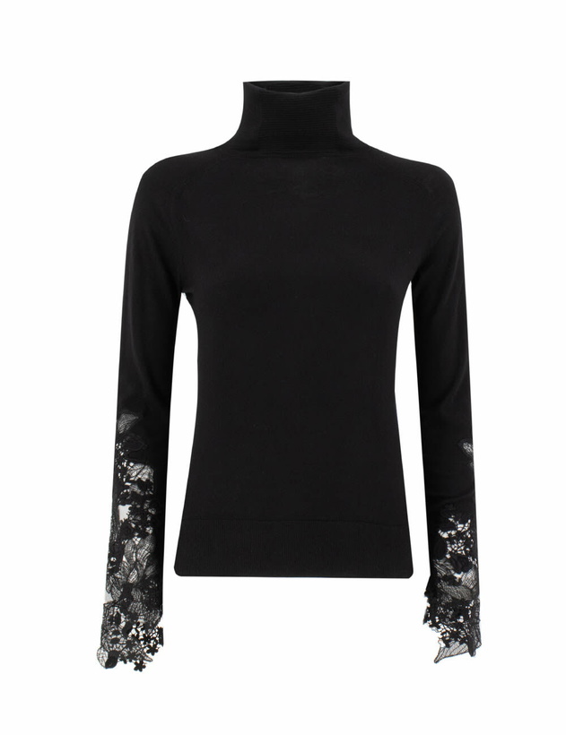 Photo: Ermanno Scervino Black Turtleneck With Floral Lace On The Sleeves