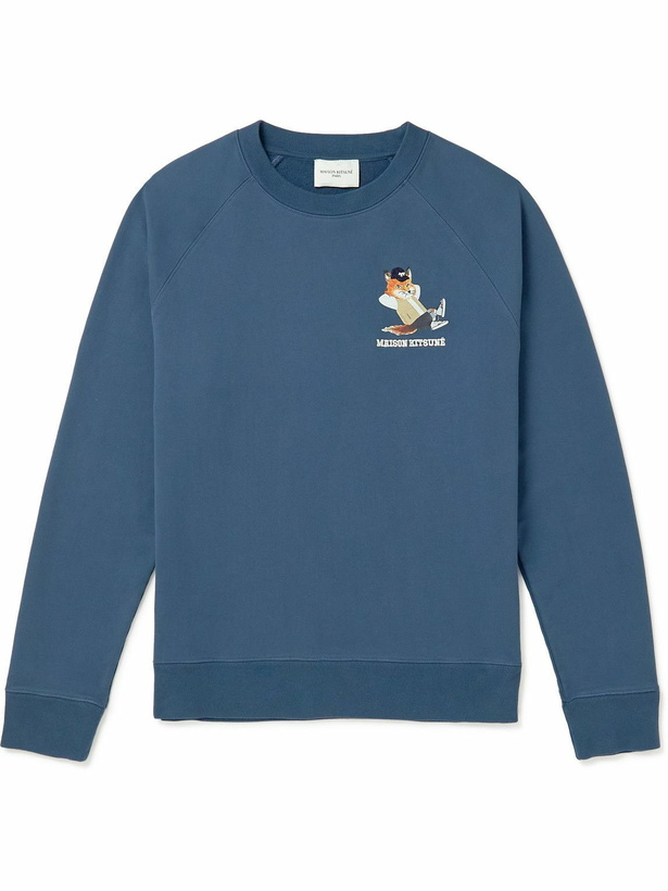 Photo: Maison Kitsuné - Logo-Embroidered Printed Cotton-Jersey Sweatshirt - Blue