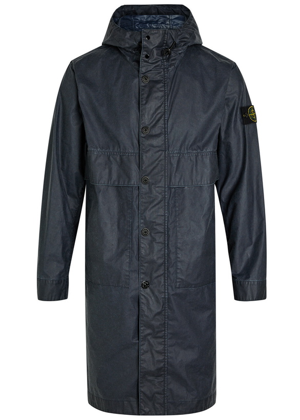 Photo: Stone Island Long Logo Waxed Cotton Canvas Coat Navy