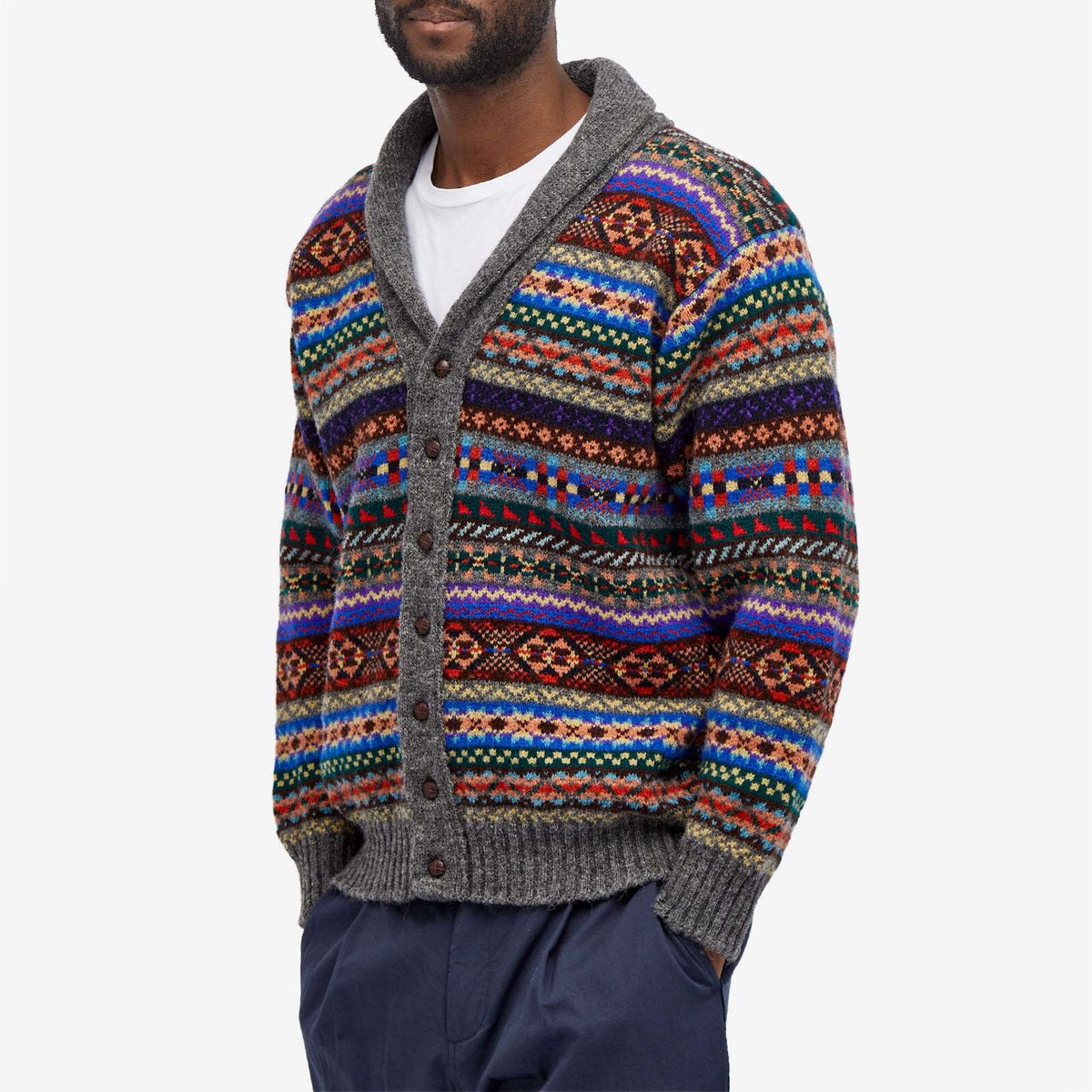 Jamieson's of Shetland Men's Fair Isle Shawl Collar Cardigan in Derby Grey