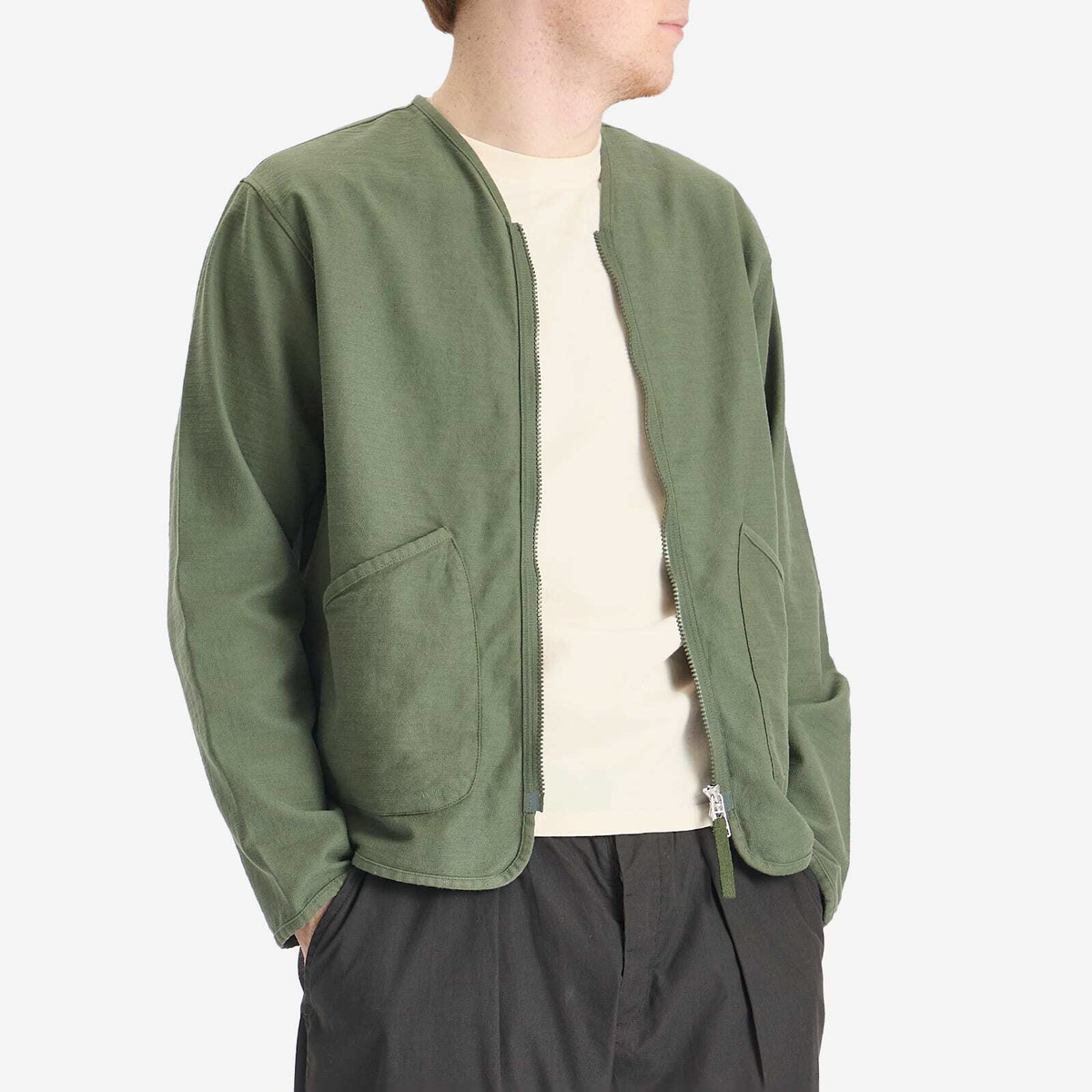 Universal Works Men's Slub Sateen Zip Liner Jacket in Olive