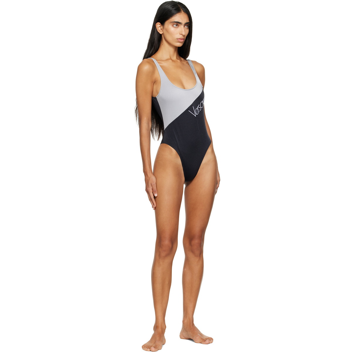 Versace Black & Gray Embroidered-Logo One-Piece Swimsuit
