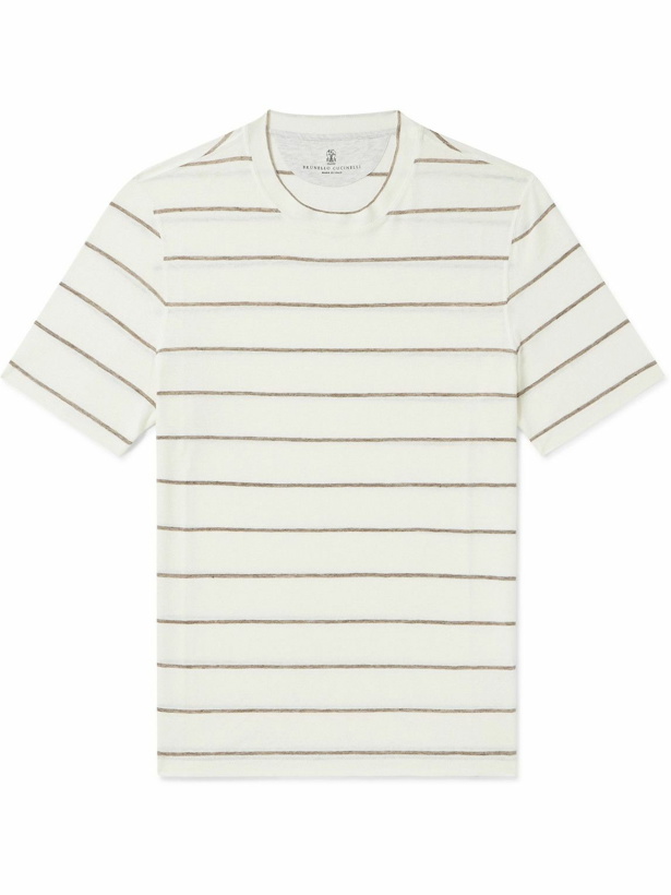 Photo: Brunello Cucinelli - Striped Linen and Cotton-Blend T-Shirt - Neutrals