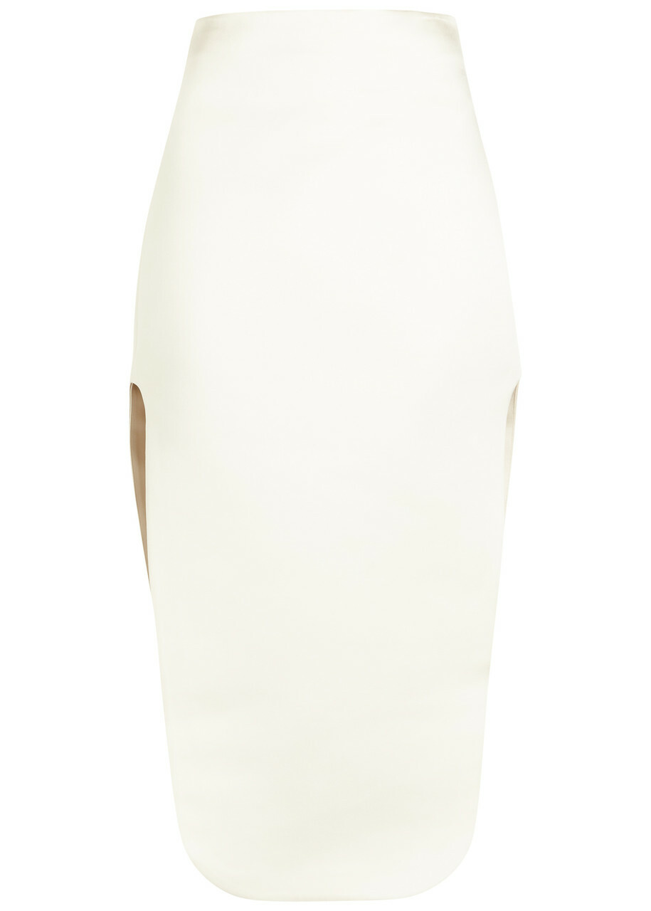 A.W.A.K.E Mode Side-split Satin Midi Skirt Ivory