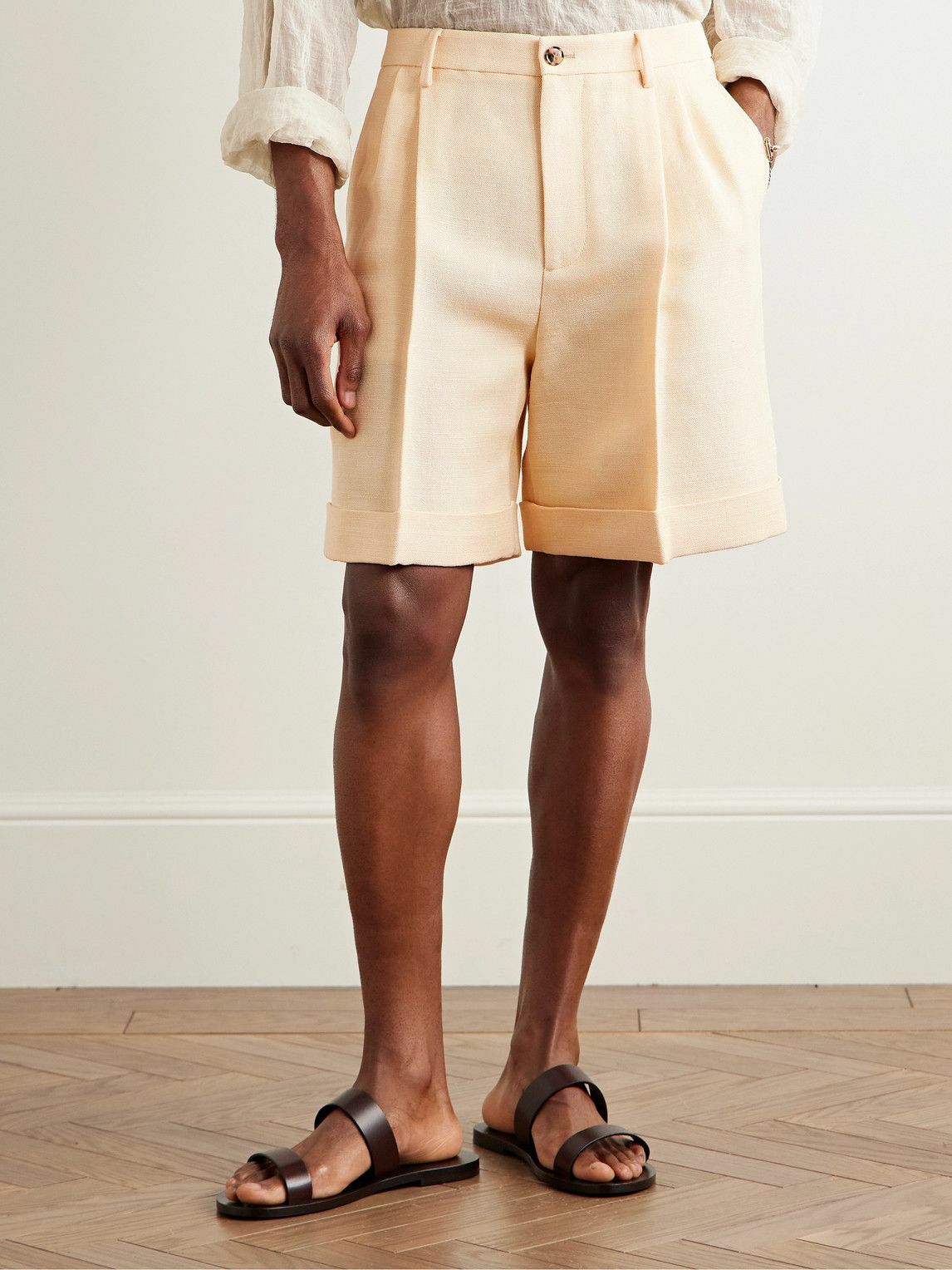 Valentino Garavani - Wide-Leg Pleated Canvas Shorts - Neutrals