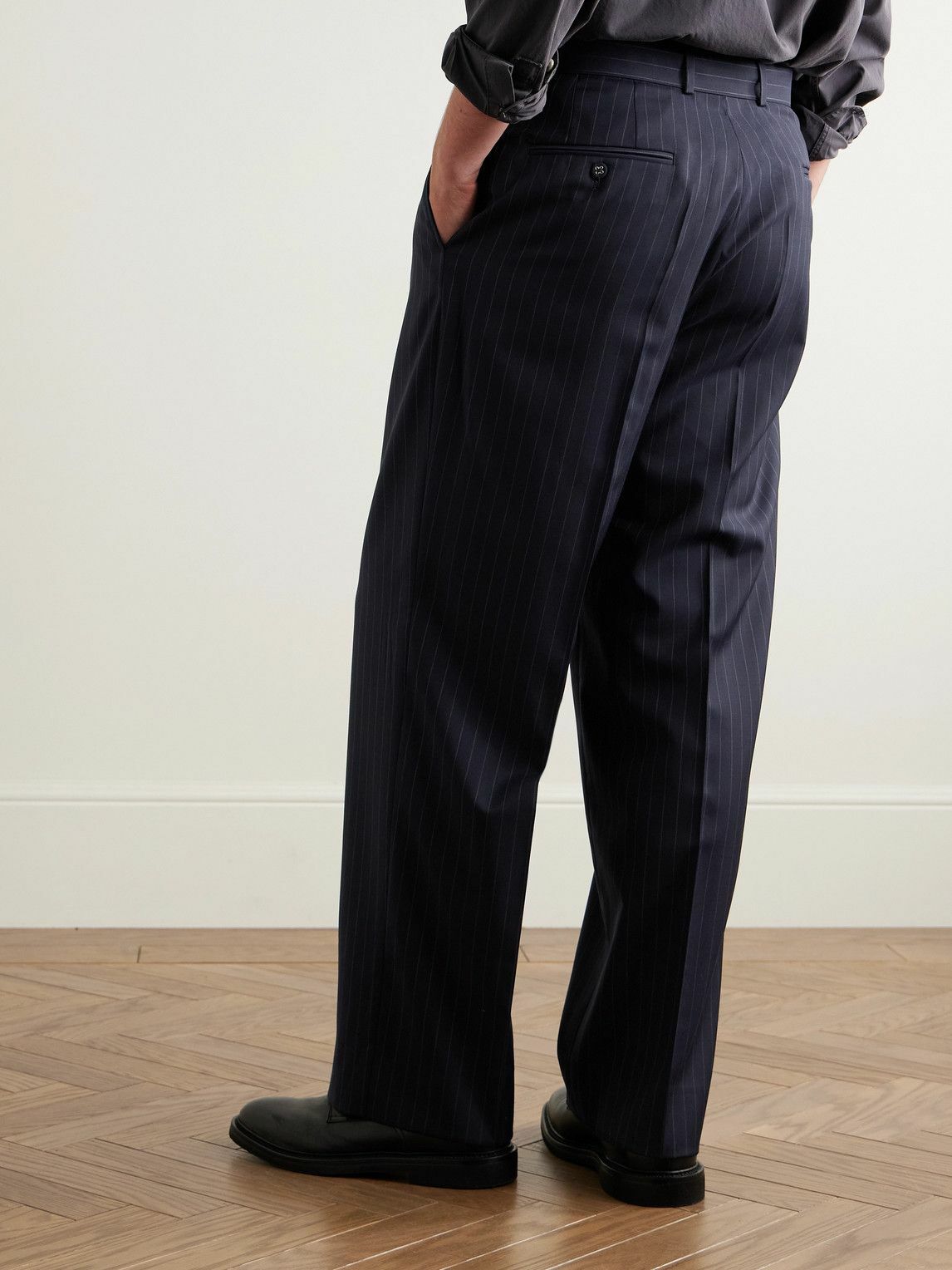 Officine Générale - Nash Wide-Leg Belted Pinstriped Virgin Wool-Twill Suit Trousers - Blue