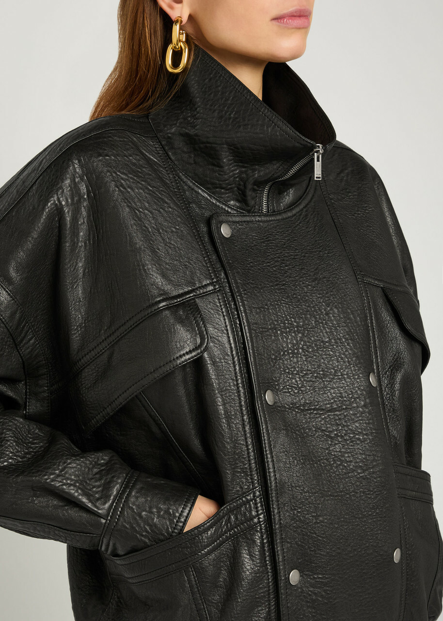 Saint Laurent Double-breasted Grained Leather Jacket Black