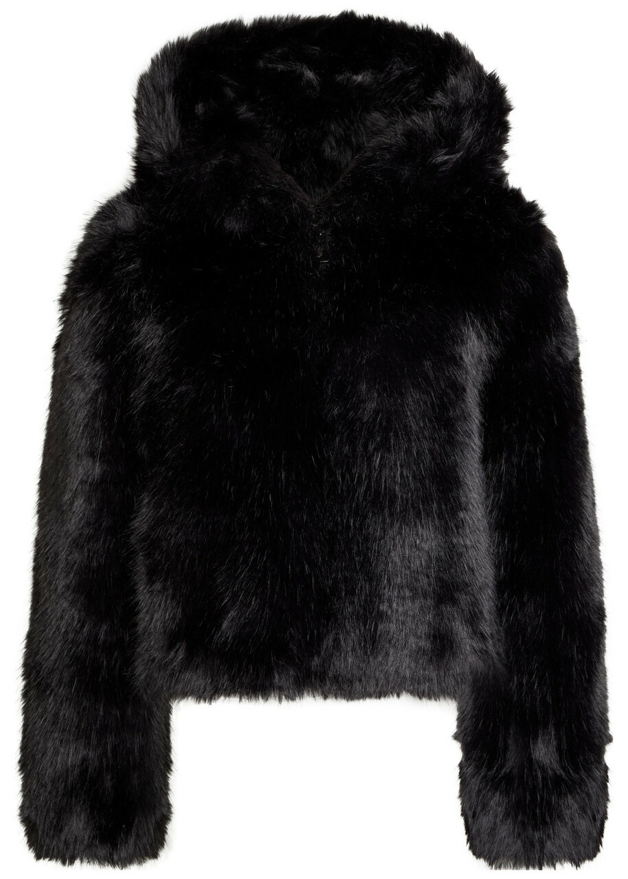 Free People Louder Please Hooded Faux fur Jacket Black