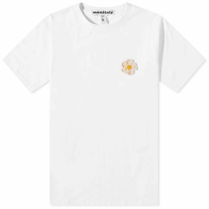 Photo: Monitaly Men's Crochet Flower T-Shirt in White With Natural Gold