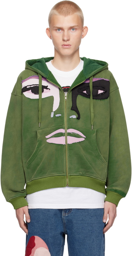 Photo: KidSuper Green Patchwork Face Washed Zip Hoodie