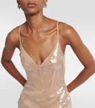 David Koma Sequined feather-trimmed midi dress