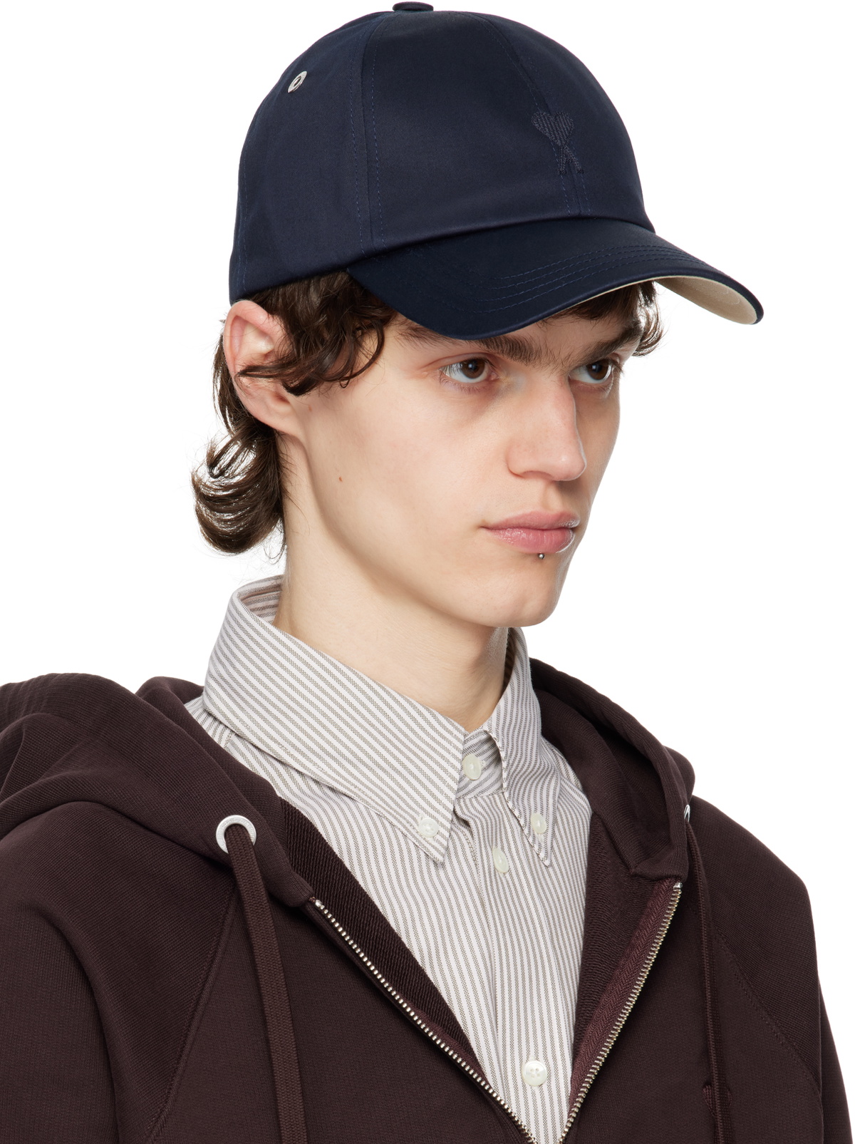 AMI Paris Navy Cotton Ami de Coeur Embroidery Cap AMI