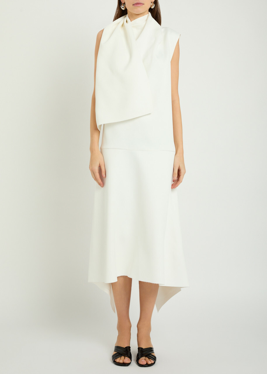 Khaite Loell Draped Crepe de Chine Midi Dress Off White
