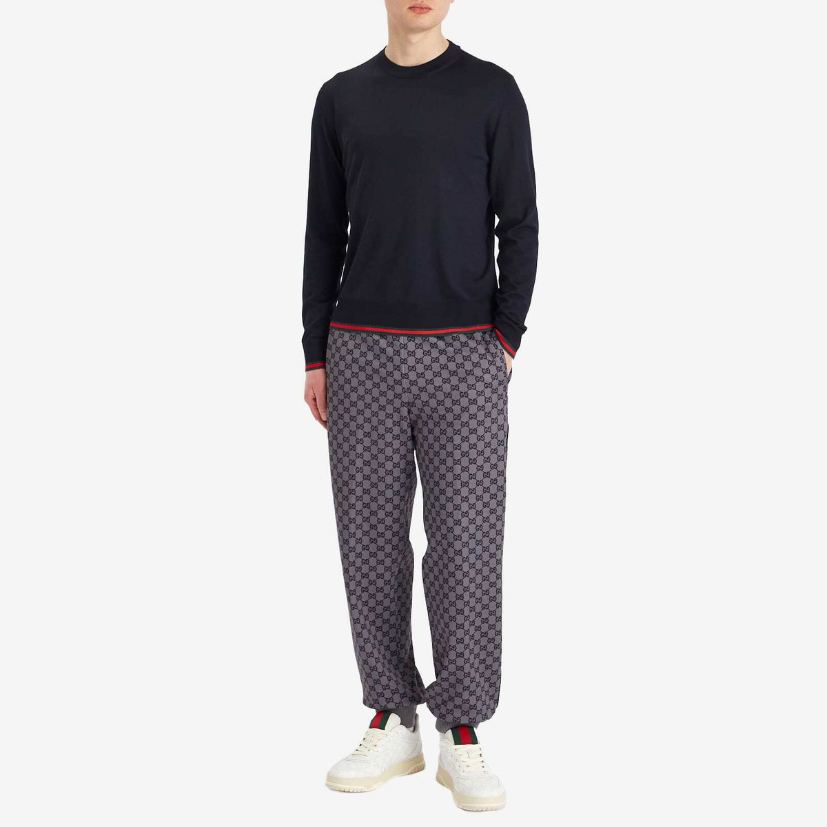 Gucci Men's Fine Gauge Wool Crew Neck Knit in Ink/Green/Red