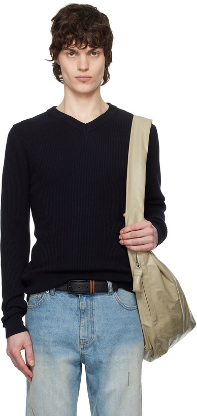 Photo: Tonywack Navy Super Fine Wool Ribbed V-Neck Sweater
