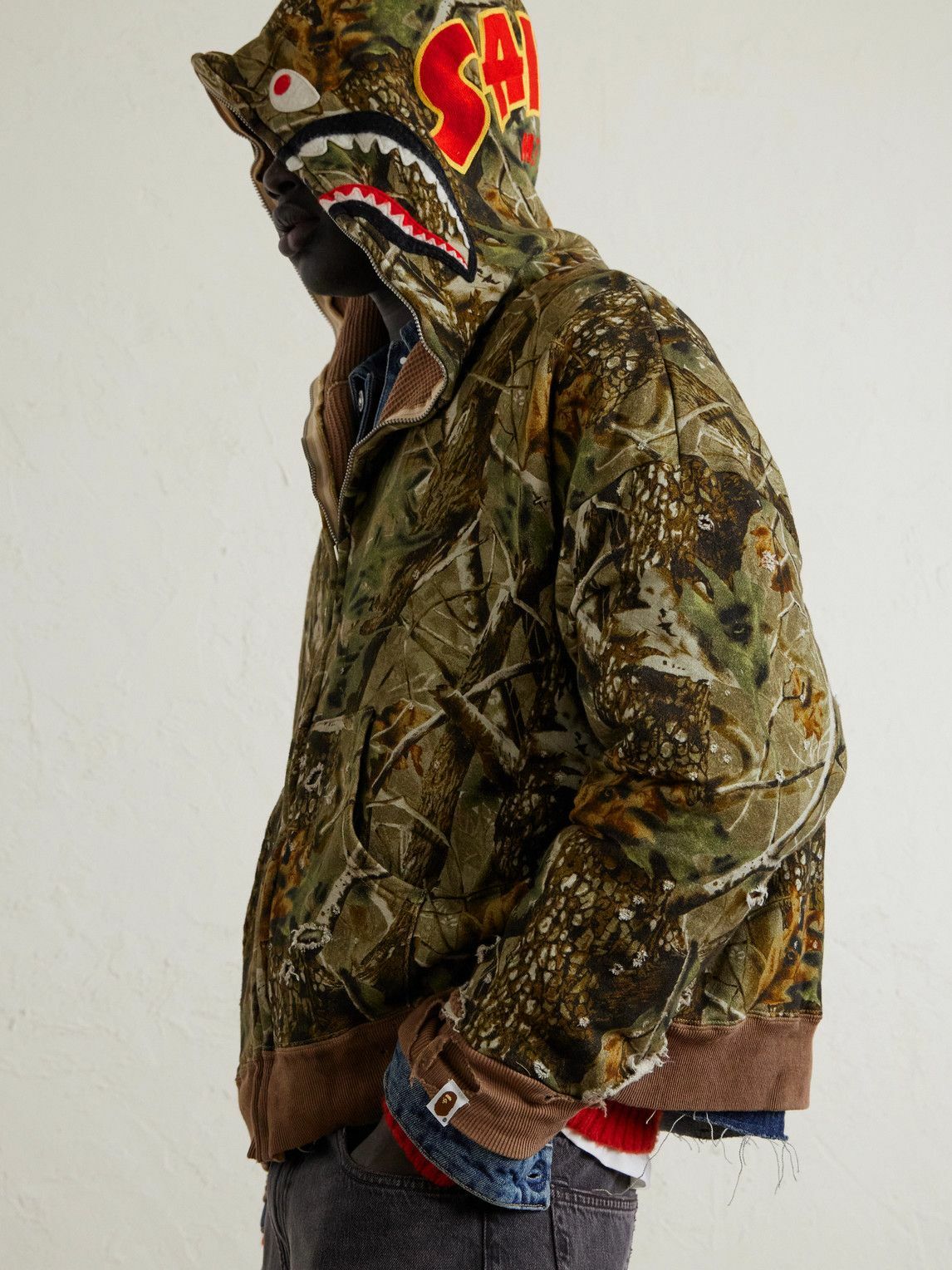 SAINT MXXXXXX - BAPE Shark Camouflage-Print Cotton-Jersey Zip-Up Hoodie - Green