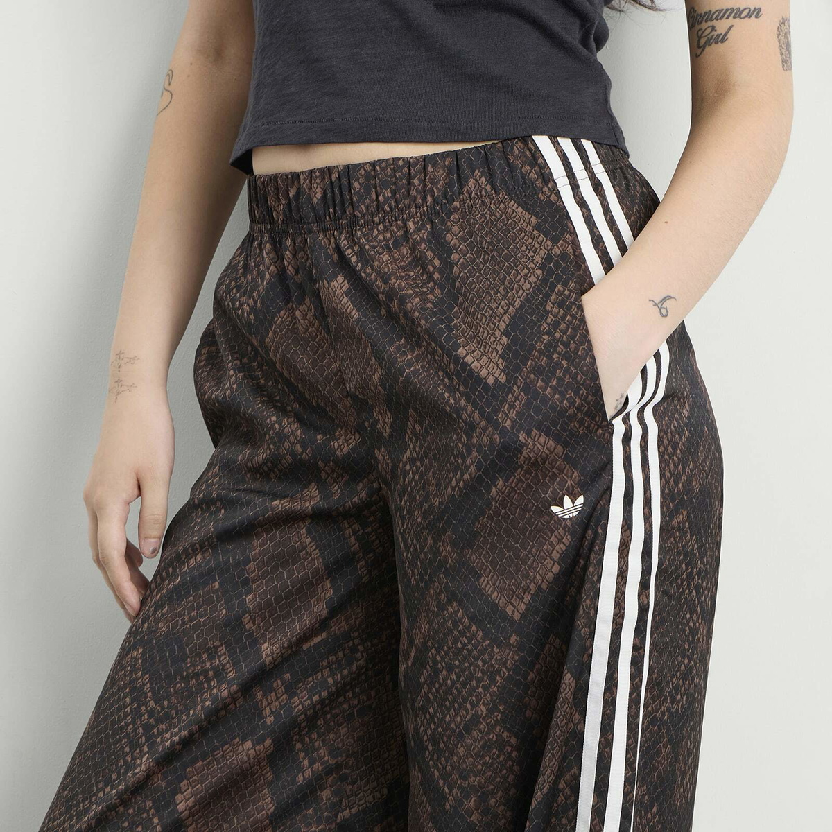 Adidas Women's Satin Wide Leg Track Pant in Earth Strata/Aurora Coffee
