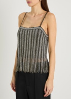 Alice + Olivia Chi Embellished Fringed Stretch-mesh top Black