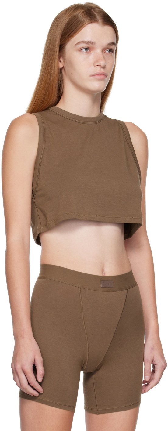 AKLOPVII Crop Top Manica Corta Donna – Maglietta Skinny Basic In Poliestere E Spandex, Marrone, Taglia S