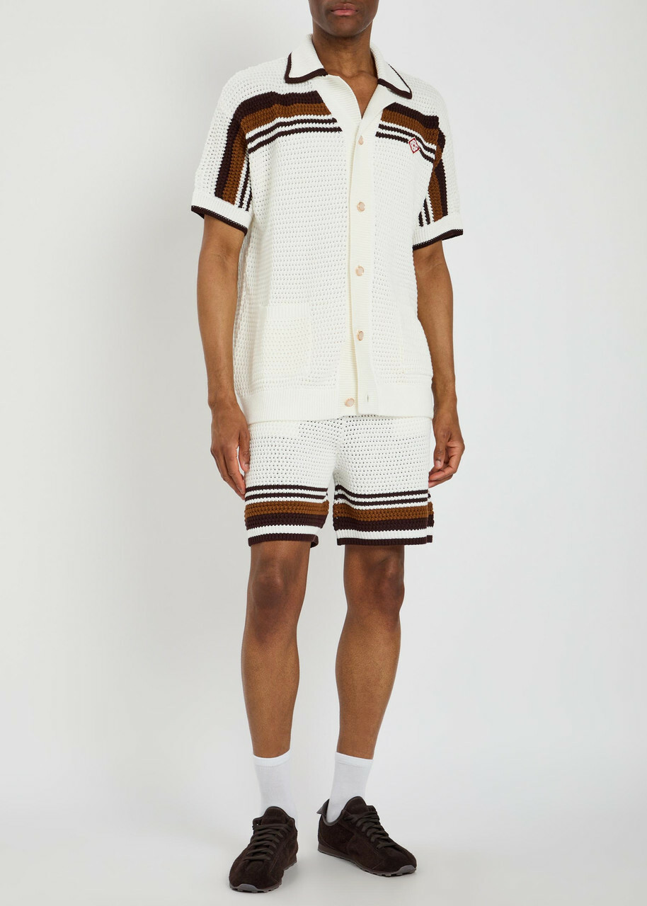 Casablanca Logo-appliquéd Striped Crochet Cotton-knit Shirt White