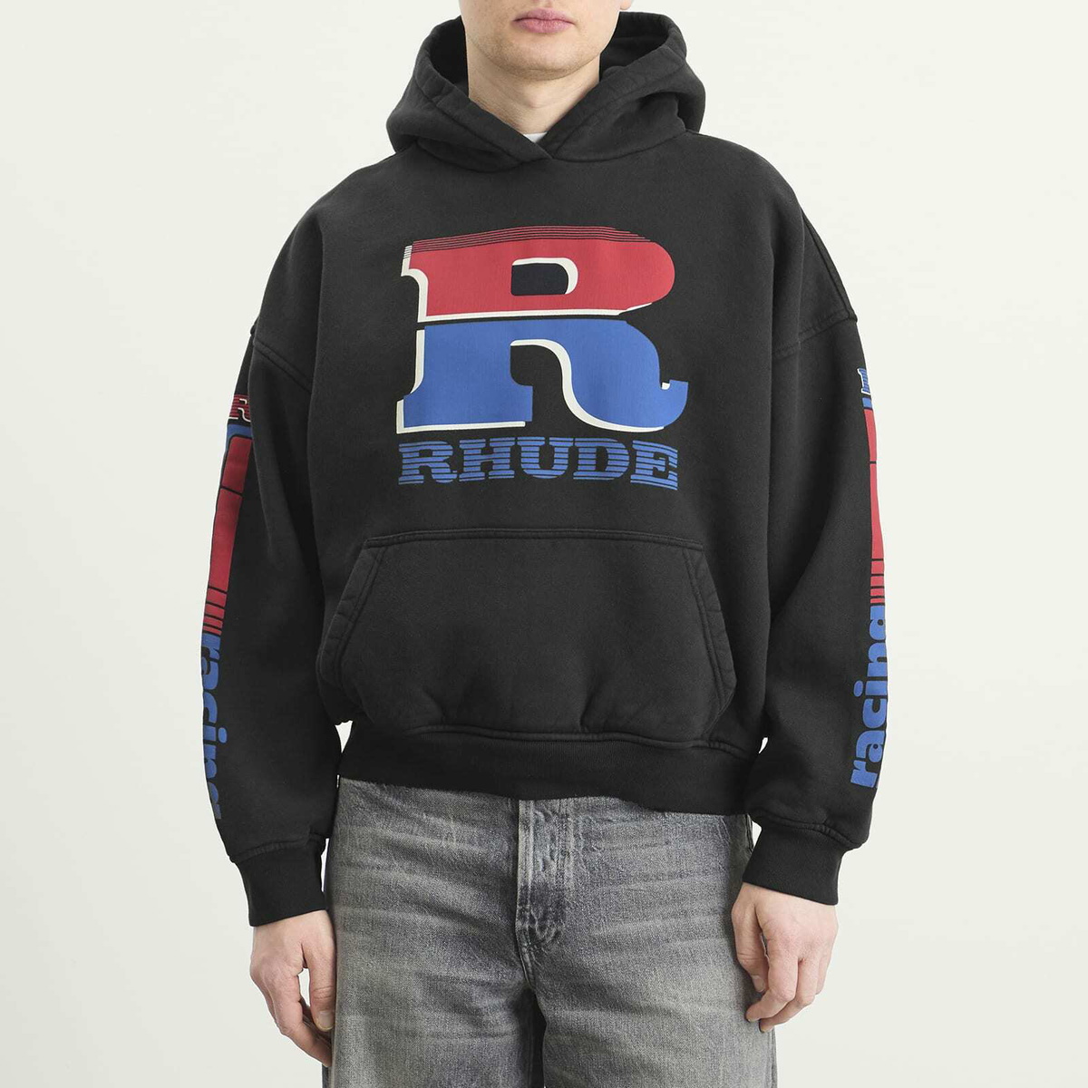 Rhude Men's Split Petrol Logo Hoodie in Vintage Black/Red/Blue